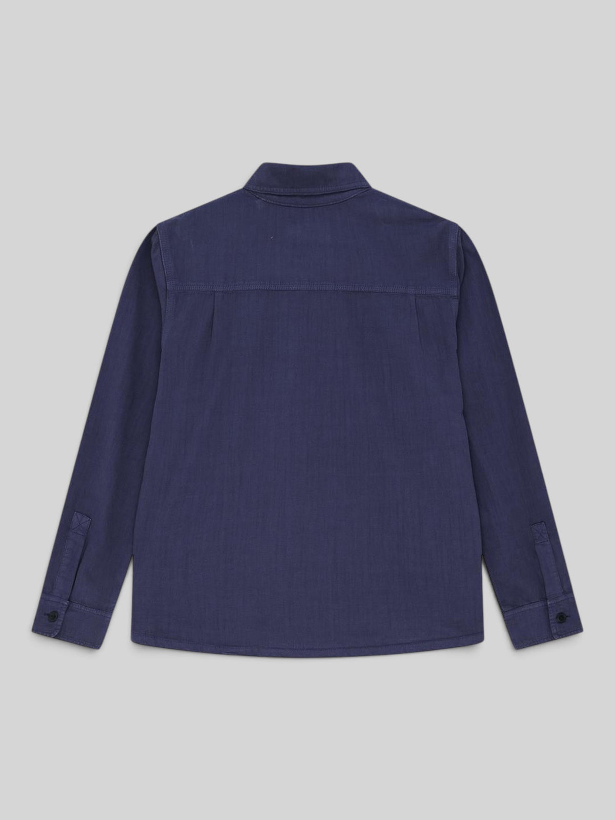 Baffle Haus Vacay Chambray long sleeve shirt in mechanic blue cotton with a relaxed fit, back view.