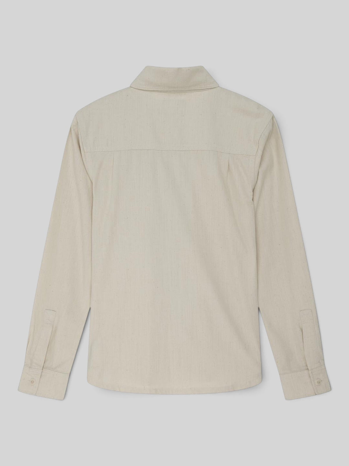 Baffle Haus Vacay Chambray long sleeve shirt in natural cotton with a relaxed fit, back view.