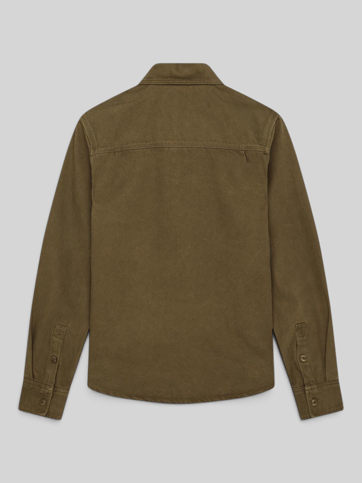 Back view of Baffle Haus Vacay Overdye Shirt in bronze brown cotton twill with long sleeves and button cuffs.