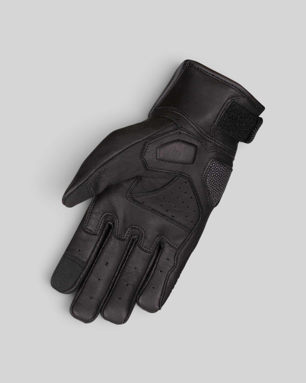 Baffle Haus Valor black motorcycle gloves made from goat leather with protective Superfabric panels on the hand back.
