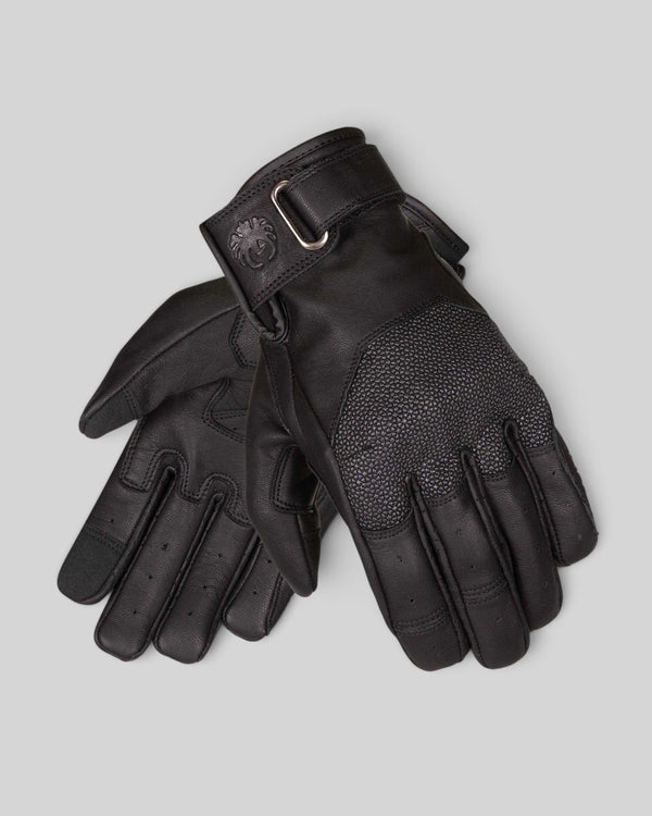Baffle Haus Valor black motorcycle gloves featuring goat leather and protective Superfabric panels on the backhand.