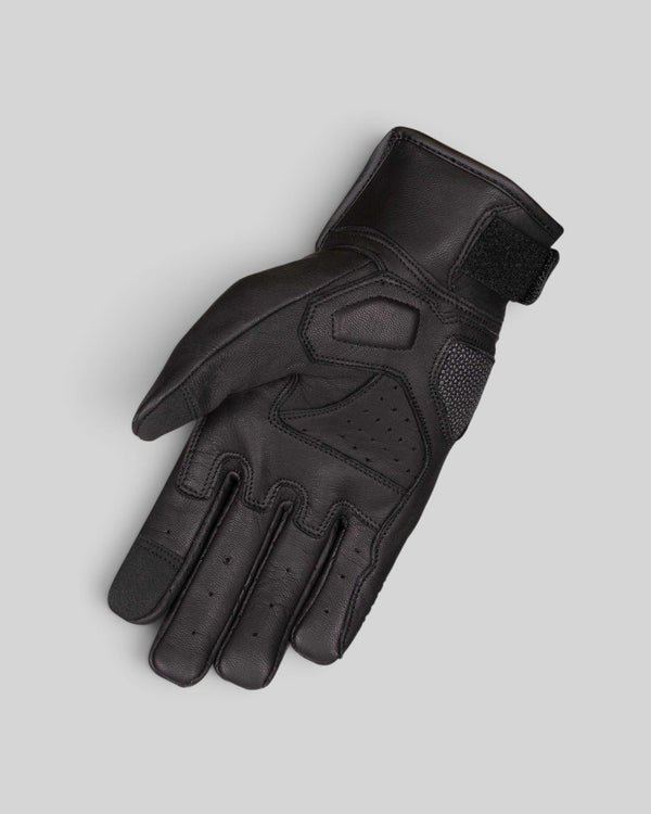 Baffle Haus Valor motorcycle gloves in black goat leather with protective Superfabric panels on the back of the hand.