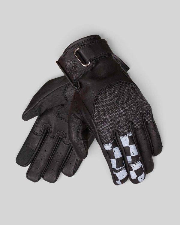 Baffle Haus Valor motorcycle gloves in black goat leather with Superfabric panels and checkered finger graphics.