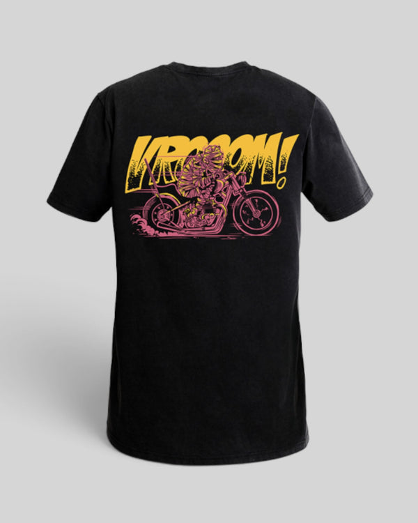 Baffle Haus black organic cotton t-shirt featuring a bold Vroom chopper motorcycle graphic on the back
