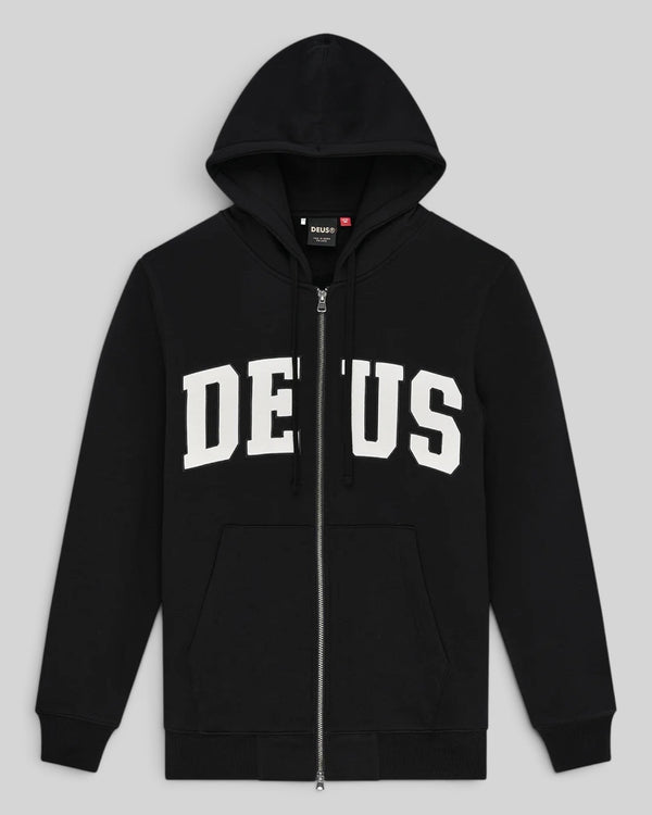Baffle Haus Victory Lap black zip-up hoodie featuring white chest appliqué, kangaroo pocket, and drawstring hood.