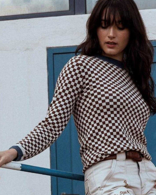 Baffle Haus vintage racing jumper in coffee brown and cream checkerboard cotton knit with ribbed trim