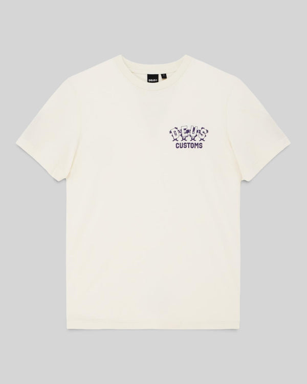 Baffle Haus vintage white organic cotton short sleeve t-shirt with small Deus Customs graphic print on the chest