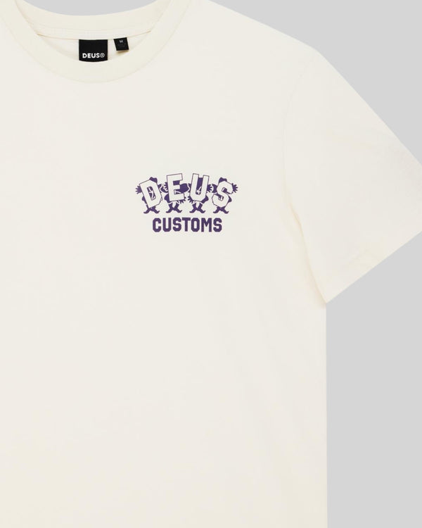 Baffle Haus vintage white organic cotton short sleeve t-shirt with purple graphic print on the chest