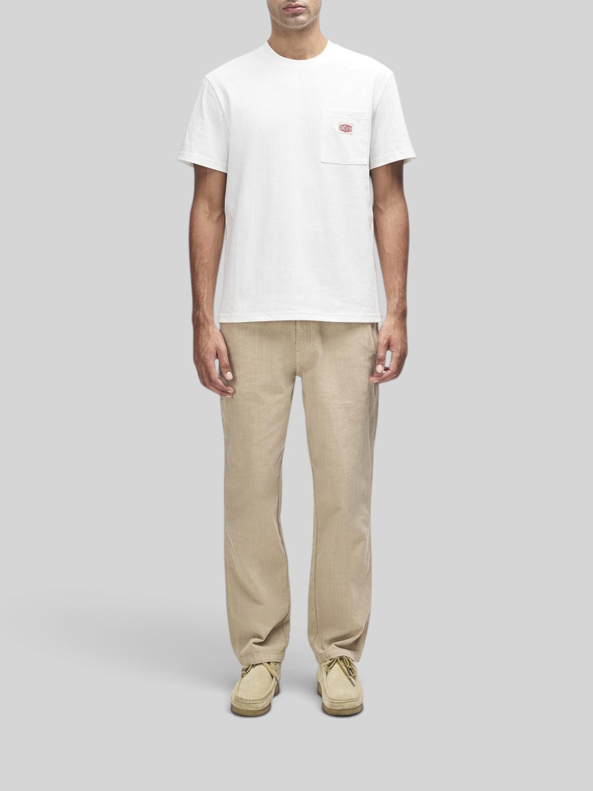Baffle Haus Parts & Service vintage white box fit short sleeve t-shirt with chest pocket on a male model