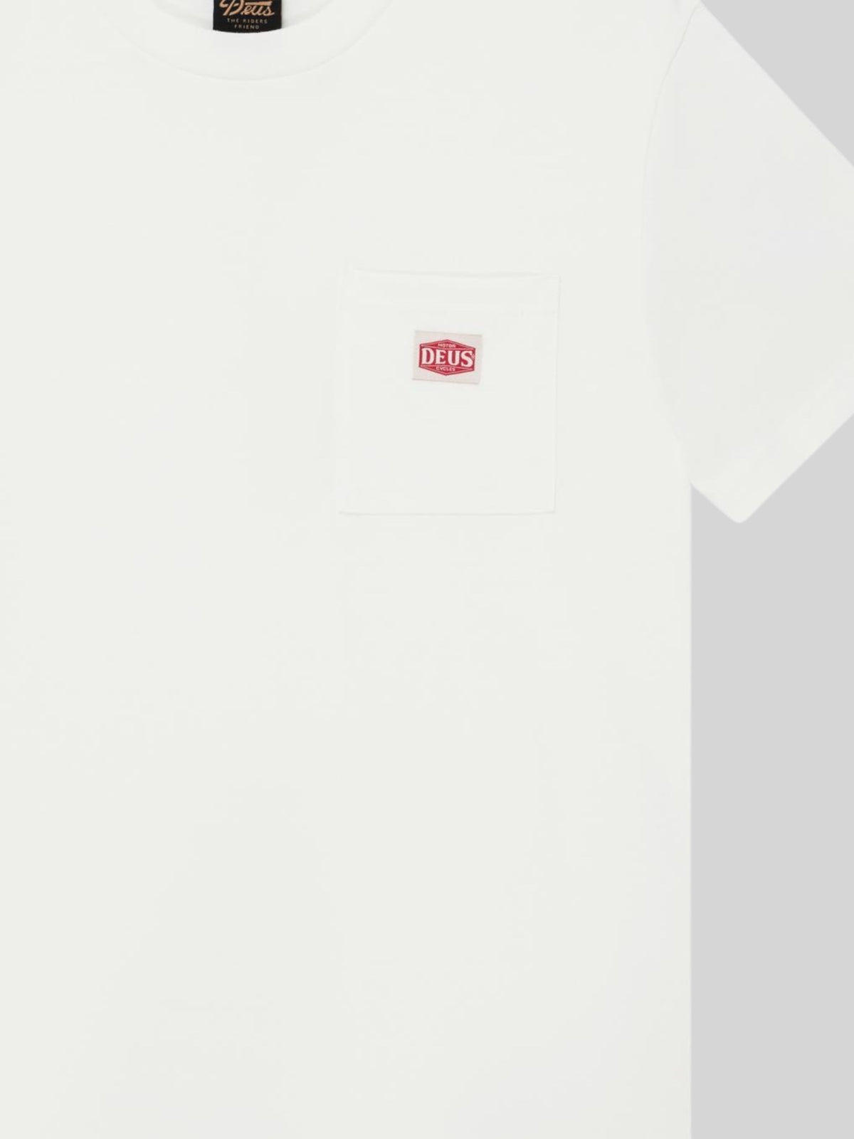 Baffle Haus vintage white box fit short sleeve t-shirt with a chest pocket and branded label