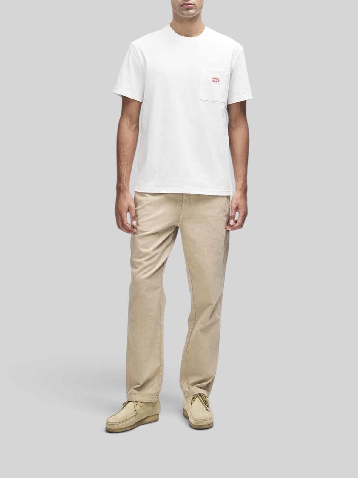 Baffle Haus Parts & Service vintage white box fit short sleeve t-shirt with chest pocket on a male model