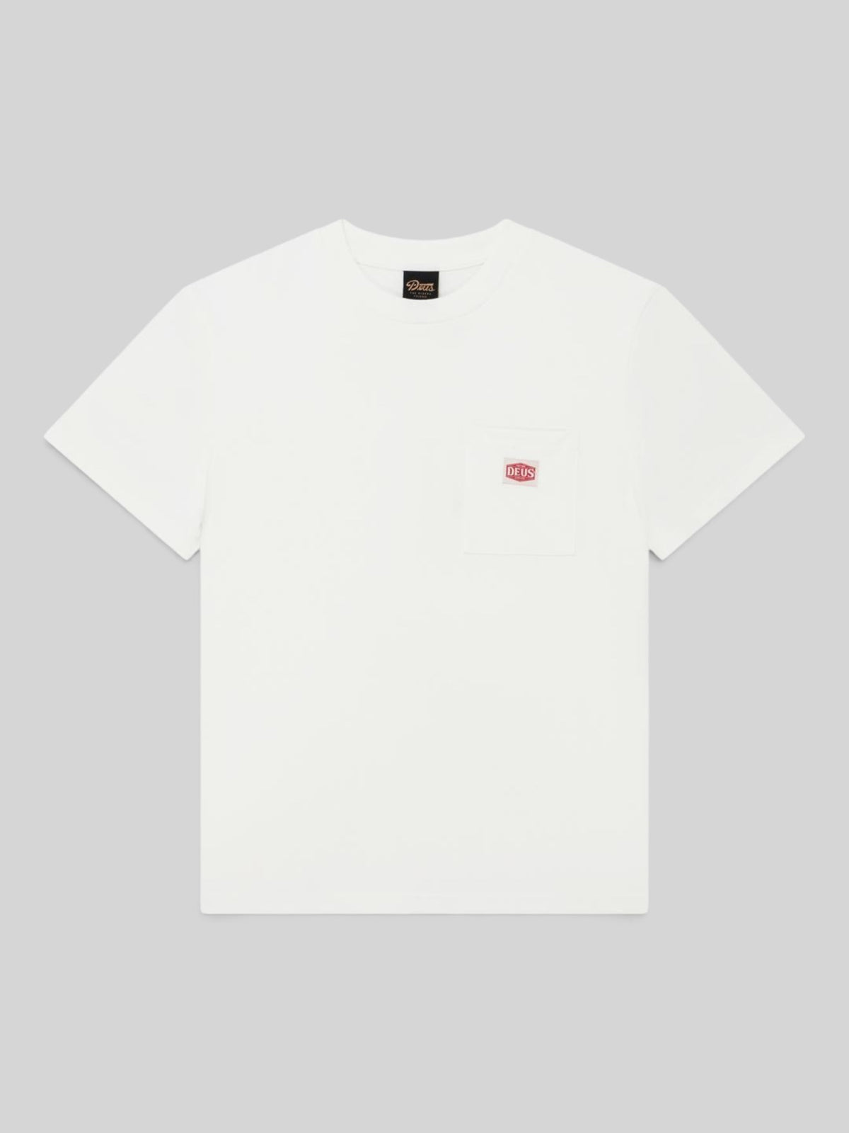 Baffle Haus vintage white box fit short sleeve t-shirt with a chest pocket and branded label