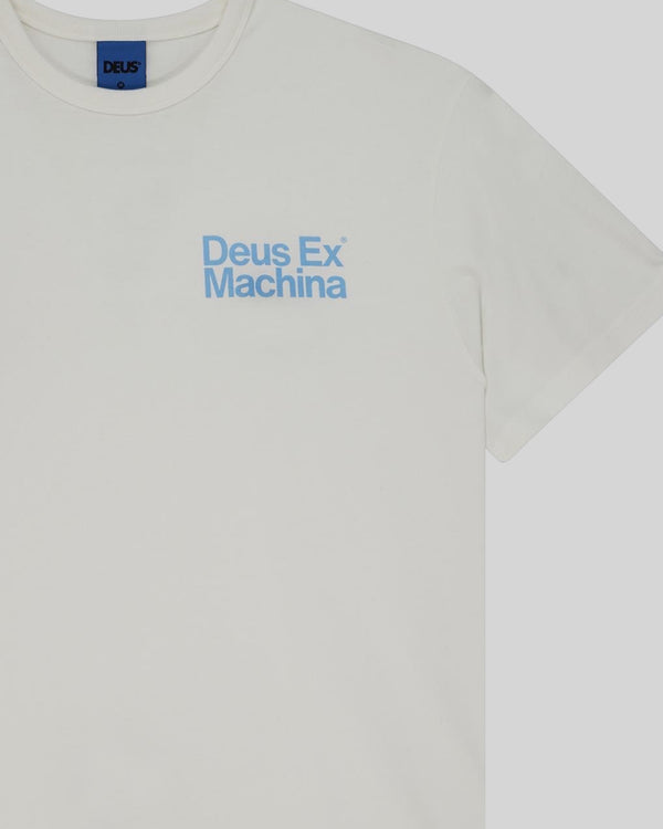 Baffle Haus Plenty Good Tee in vintage white organic cotton with blue chest logo print