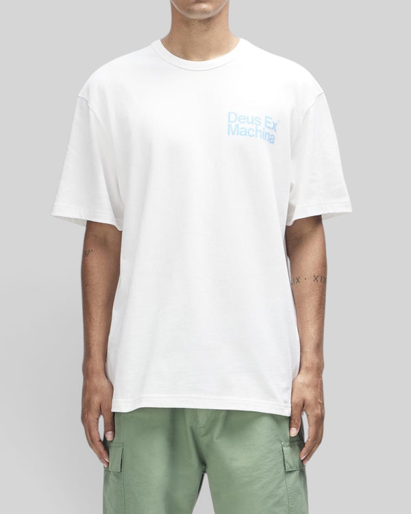 Baffle Haus Plenty Good Tee in vintage white, regular fit short sleeve shirt with blue chest graphic on model