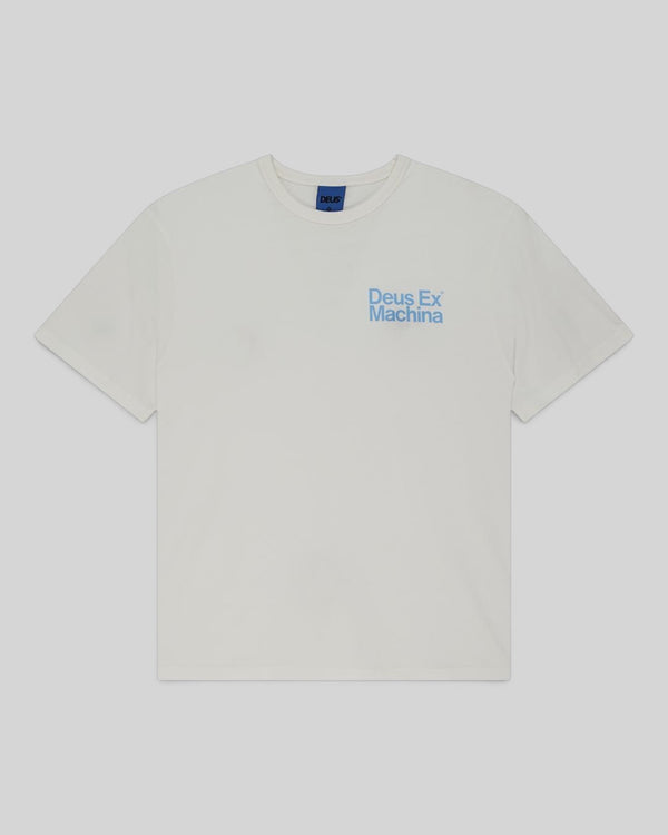 Baffle Haus Plenty Good Tee in vintage white, featuring a regular fit, short sleeves, and blue chest graphic.