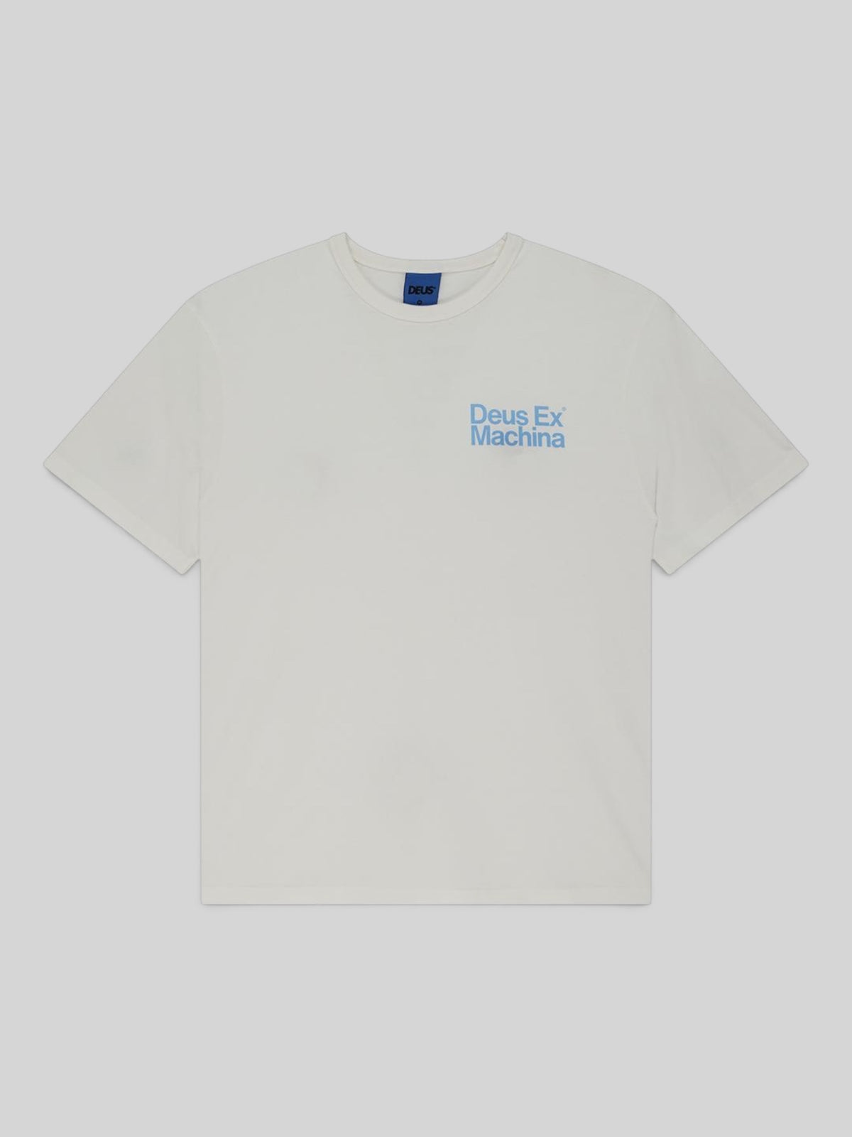 Baffle Haus Plenty Good Tee in vintage white, featuring a regular fit, short sleeves, and blue chest graphic.