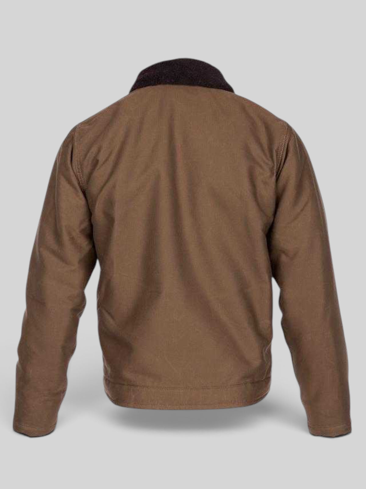 Back view of Baffle Haus 1944 N1 Deck Jacket in waxed khaki cotton with a dark wool collar