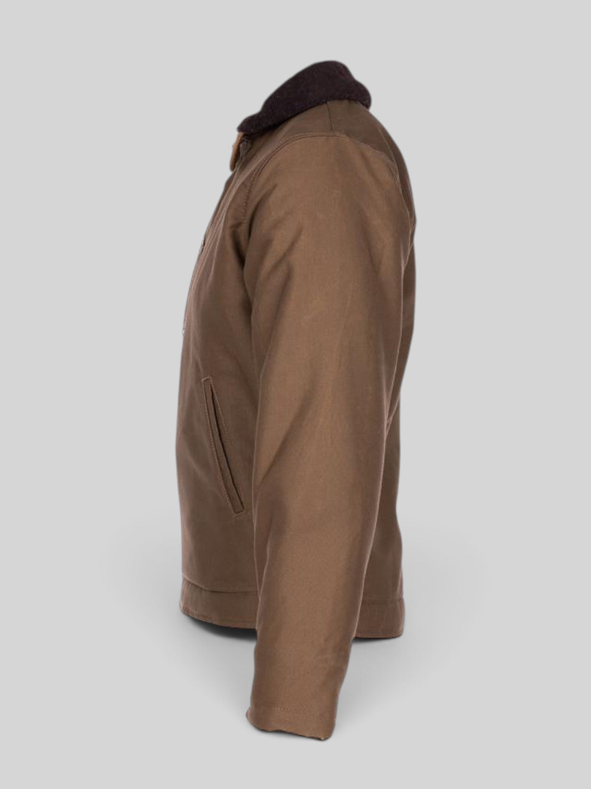 Baffle Haus 1944 N1 Deck Jacket in waxed khaki cotton with a dark wool collar, side profile view.
