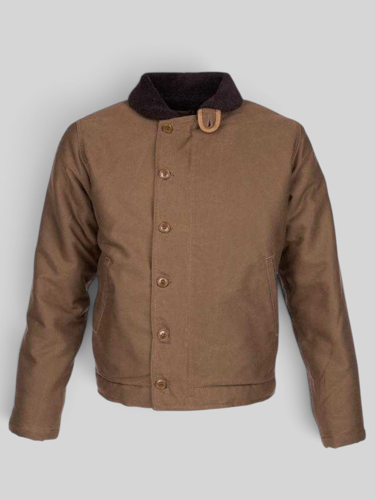 Baffle Haus 1944 N1 Deck Jacket in waxed khaki cotton with a dark wool collar and vintage button-up front closure.