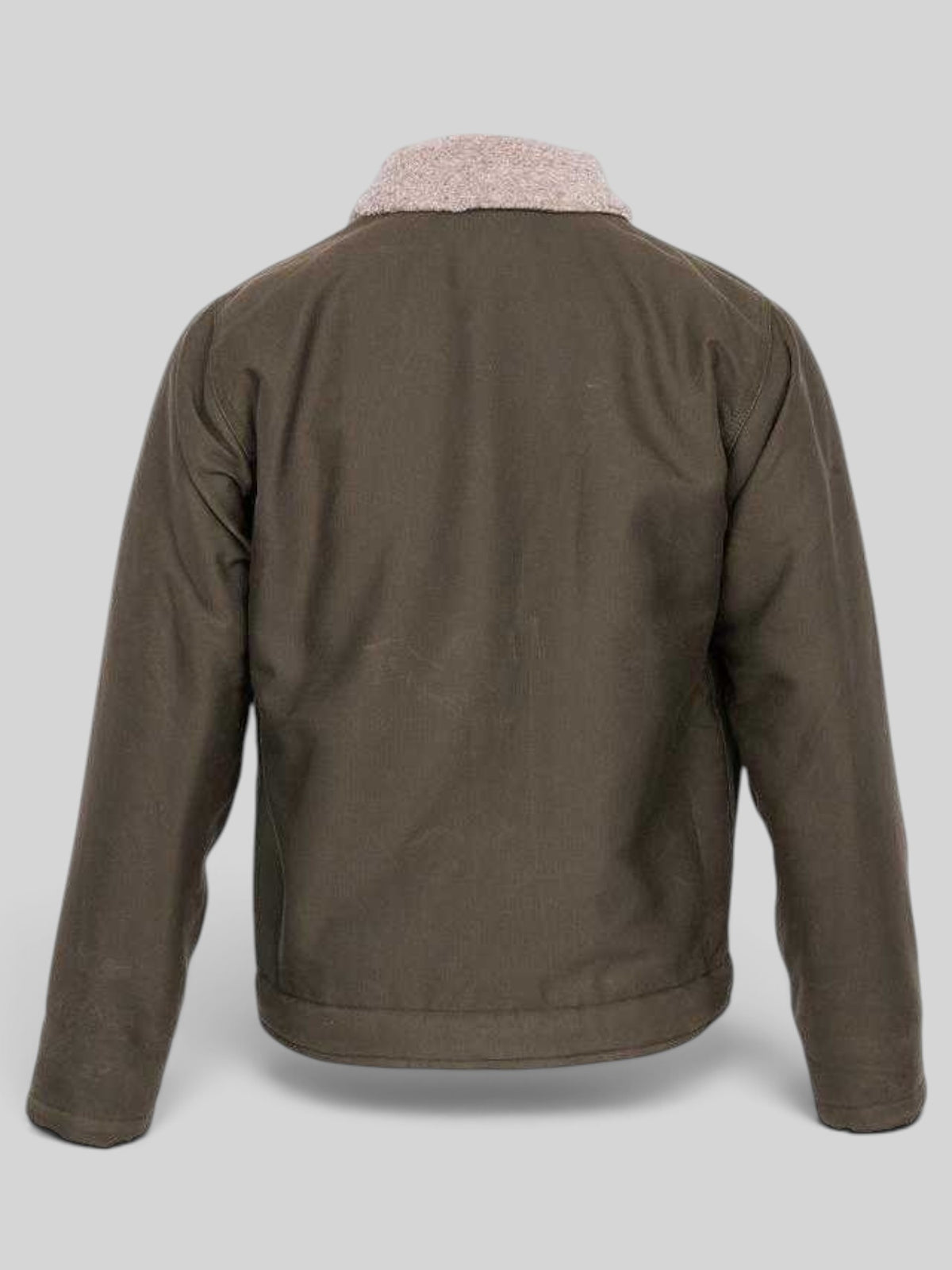 Baffle Haus 1944 N1 Deck Jacket in waxed olive cotton with a wool-lined collar, back view.