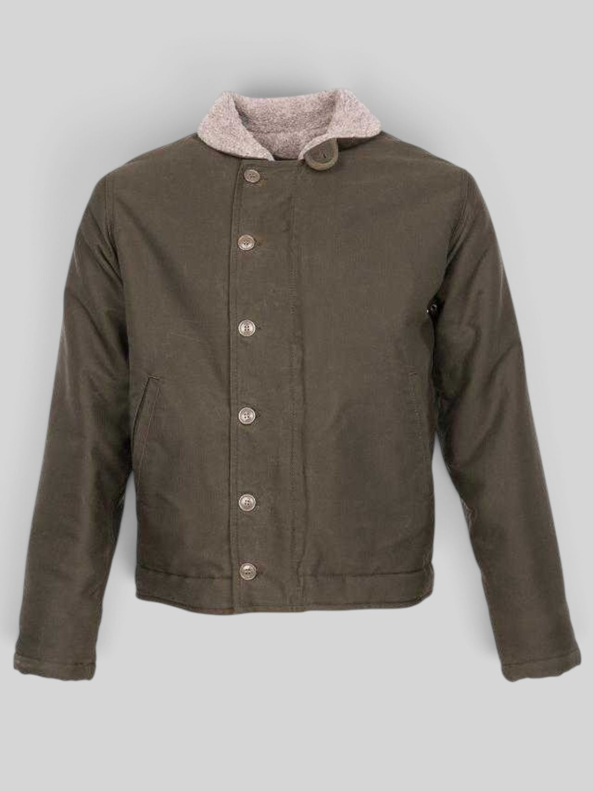 Baffle Haus 1944 N1 deck jacket in waxed olive cotton with a wool-lined stand-up collar and button-front closure.
