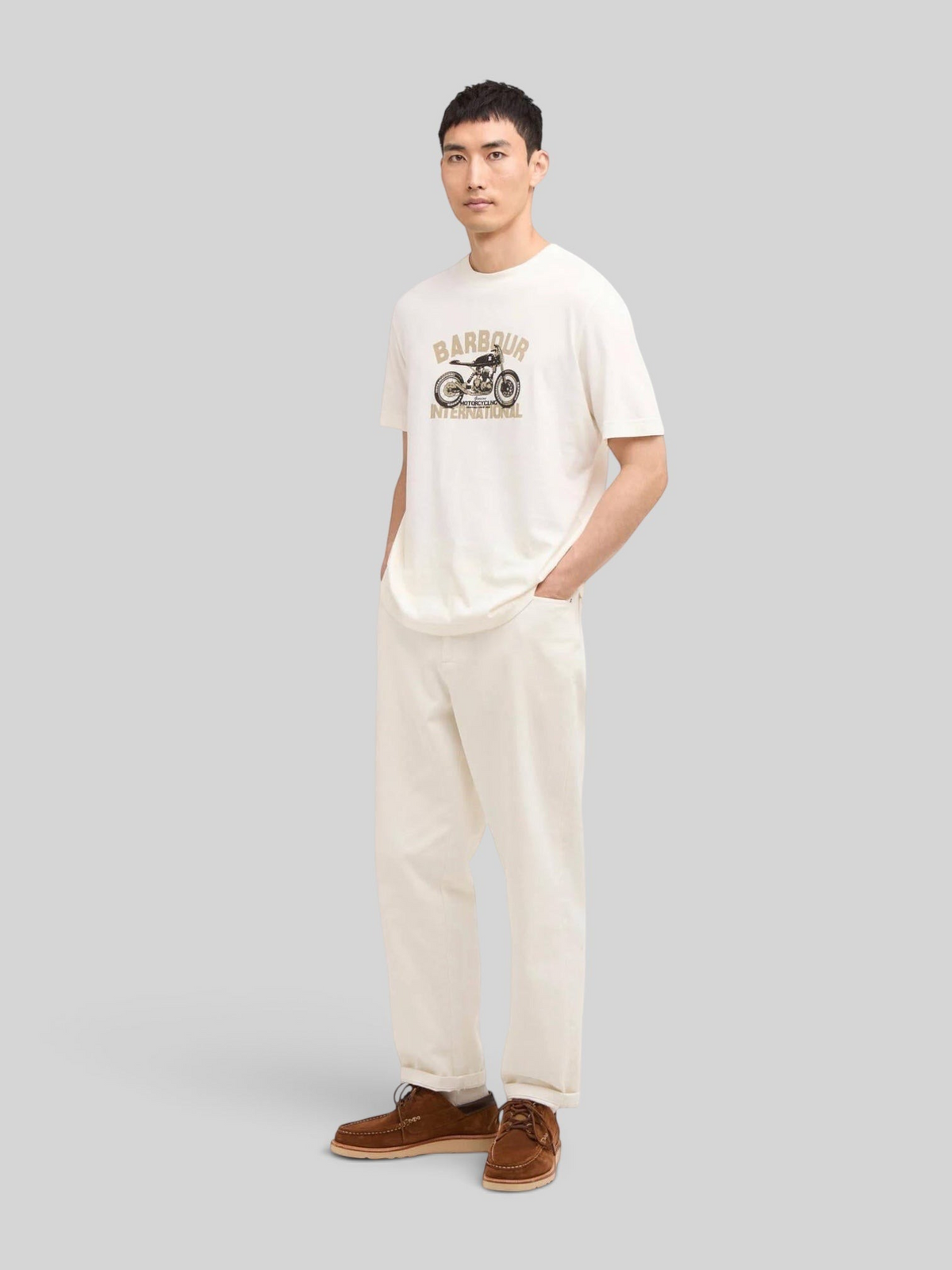 Baffle Haus Barbour International whisper white cotton t-shirt with motorcycle graphic print on a male model