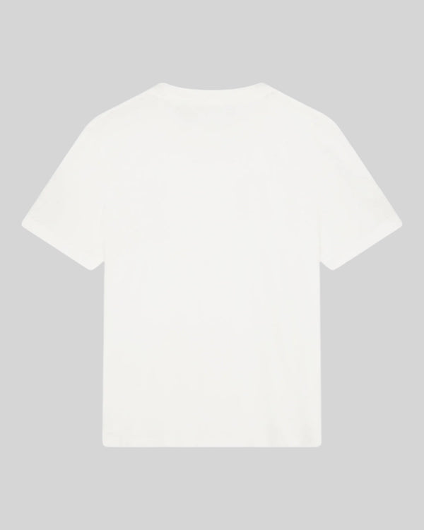 Baffle Haus white A110 lightweight classic fit t-shirt made from a soft recycled cotton blend, back view.