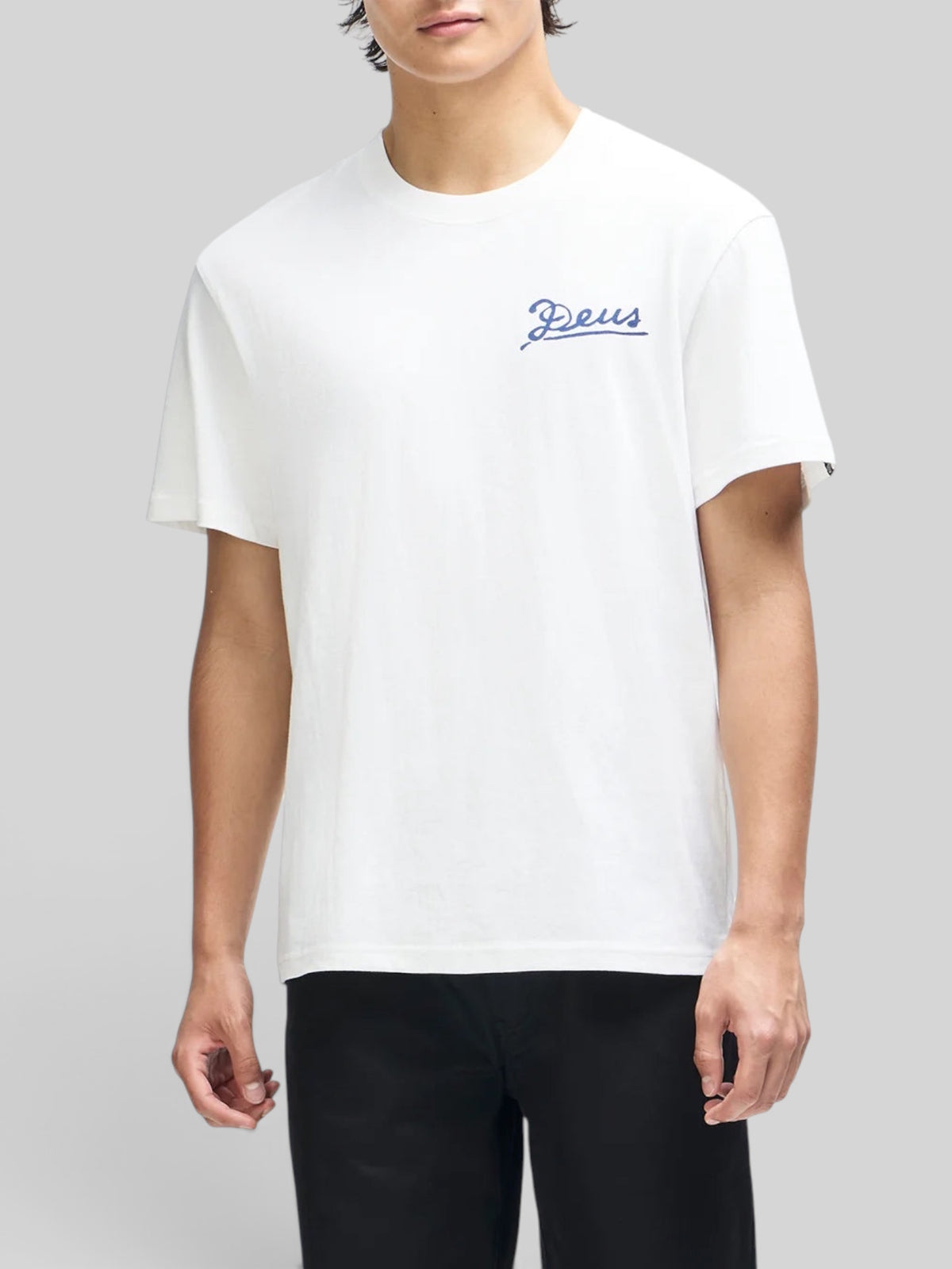 Baffle Haus white box fit t-shirt in organic cotton with blue script logo on the chest