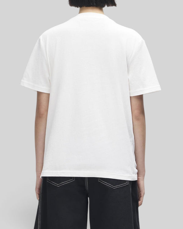 Baffle Haus A110 white lightweight recycled cotton blend t-shirt, back view on a model