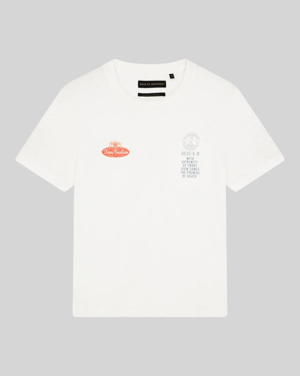 Baffle Haus white lightweight recycled cotton blend tee with chest pocket and motorsport-inspired graphic prints