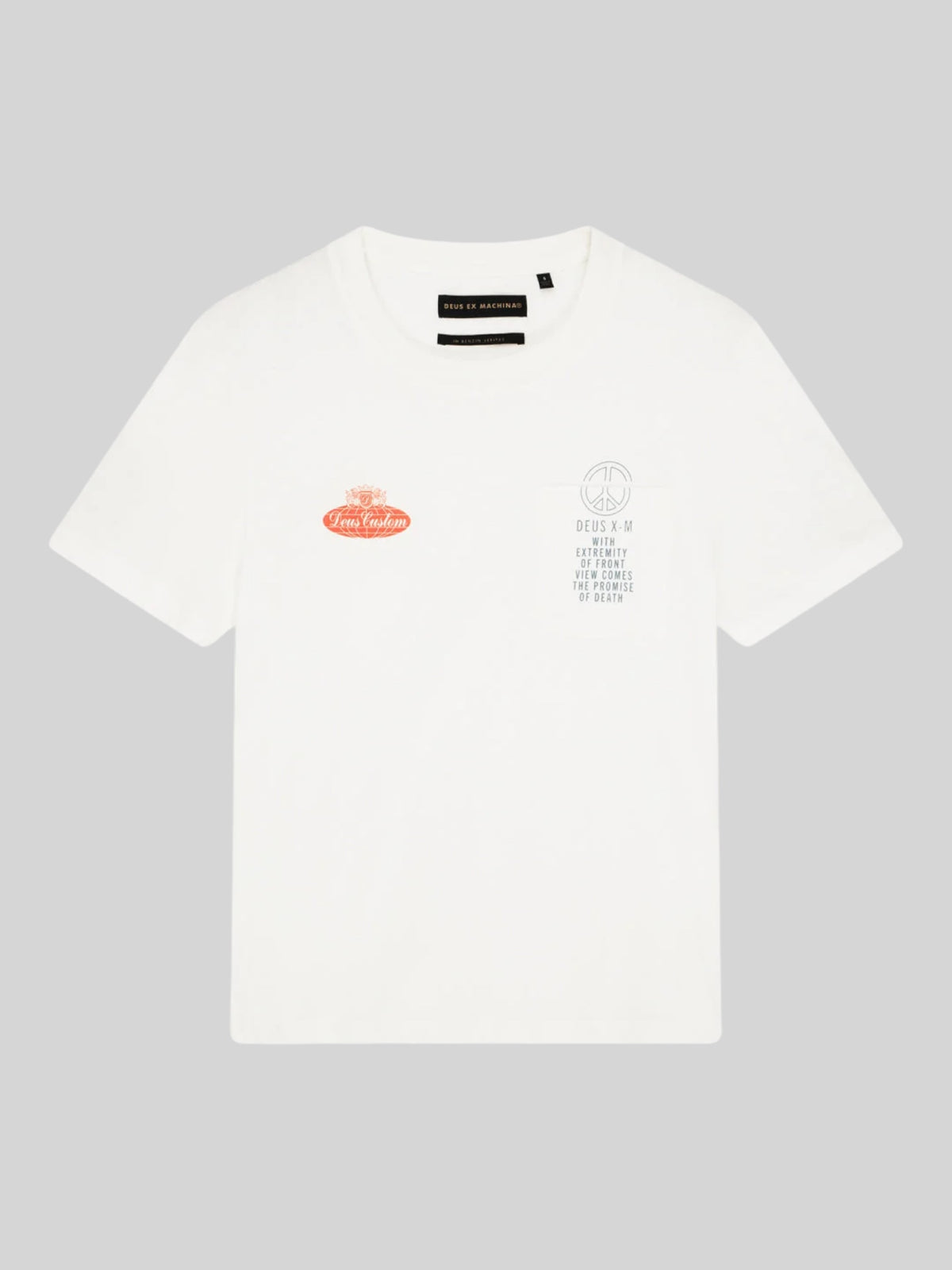 Baffle Haus white lightweight recycled cotton blend tee with chest pocket and motorsport-inspired graphic prints