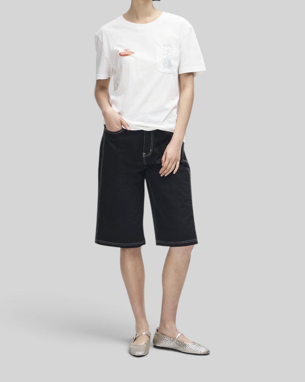 Baffle Haus white lightweight recycled cotton blend t-shirt with chest pocket and motorsport-inspired graphic print