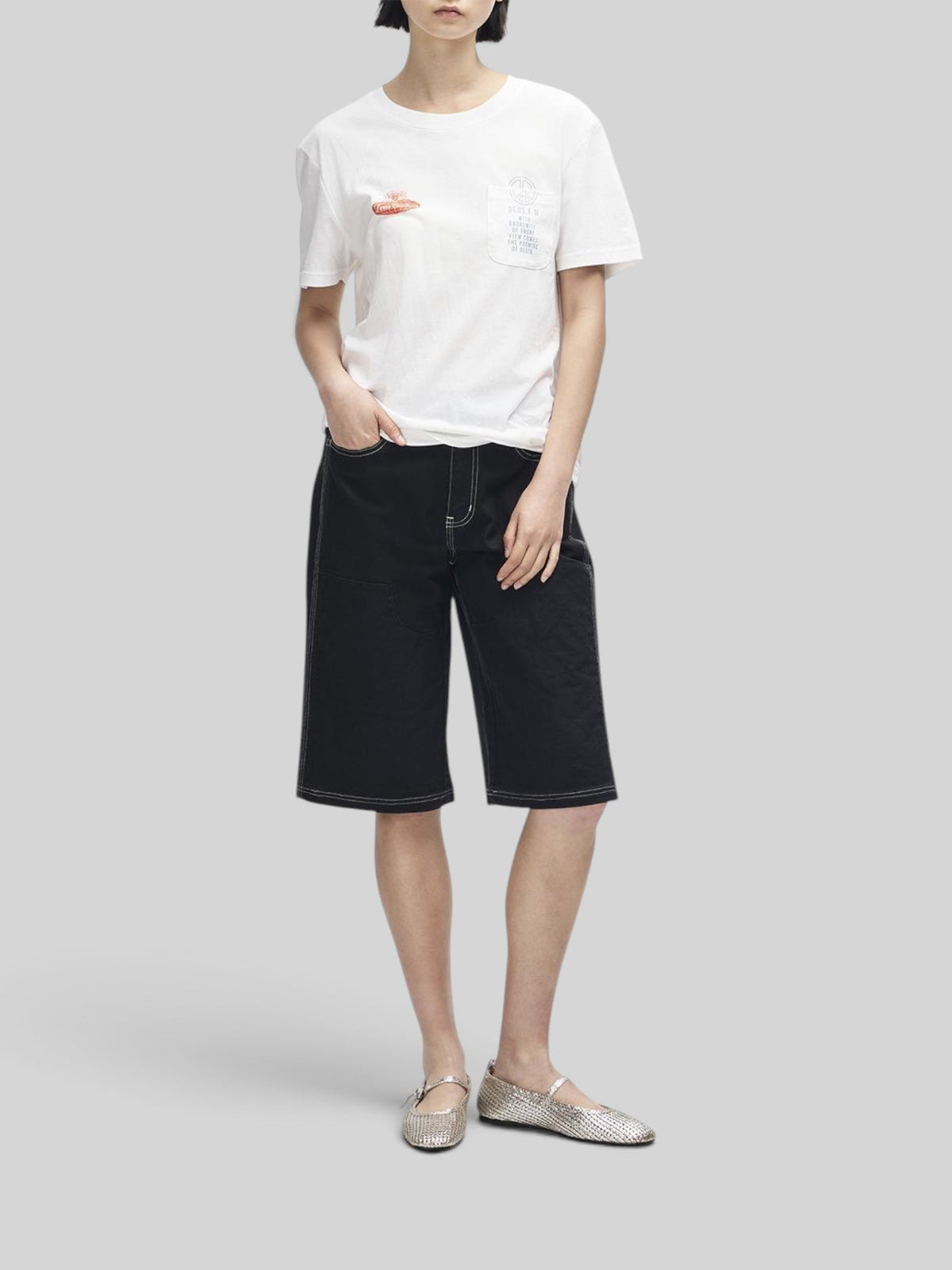 Baffle Haus white lightweight recycled cotton blend t-shirt with chest pocket and motorsport-inspired graphic print