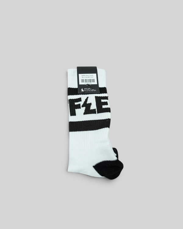 Baffle Haus white crew socks with black logo branding, ribbed upper, and cushioned sole for everyday comfort.