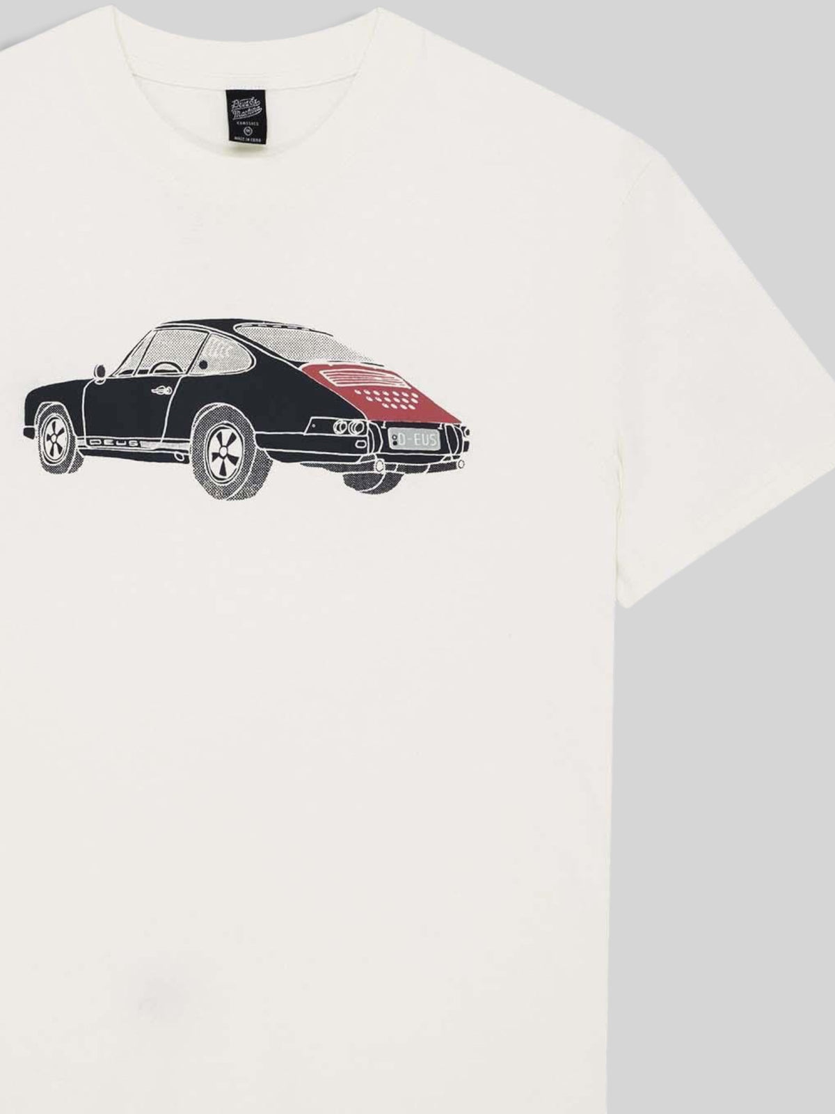 Baffle Haus Emporium Niner box fit t-shirt in pristine white organic cotton with vintage car graphic on chest