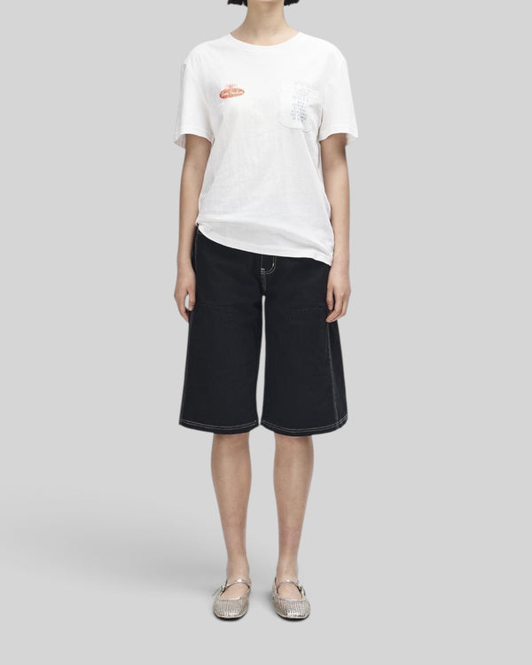 Baffle Haus white lightweight cotton blend tee with chest pocket and motorsport-inspired graphic print