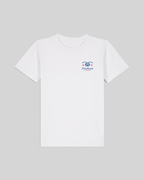 Baffle Haus white kids t-shirt with Petrolheads in Training chest graphic print