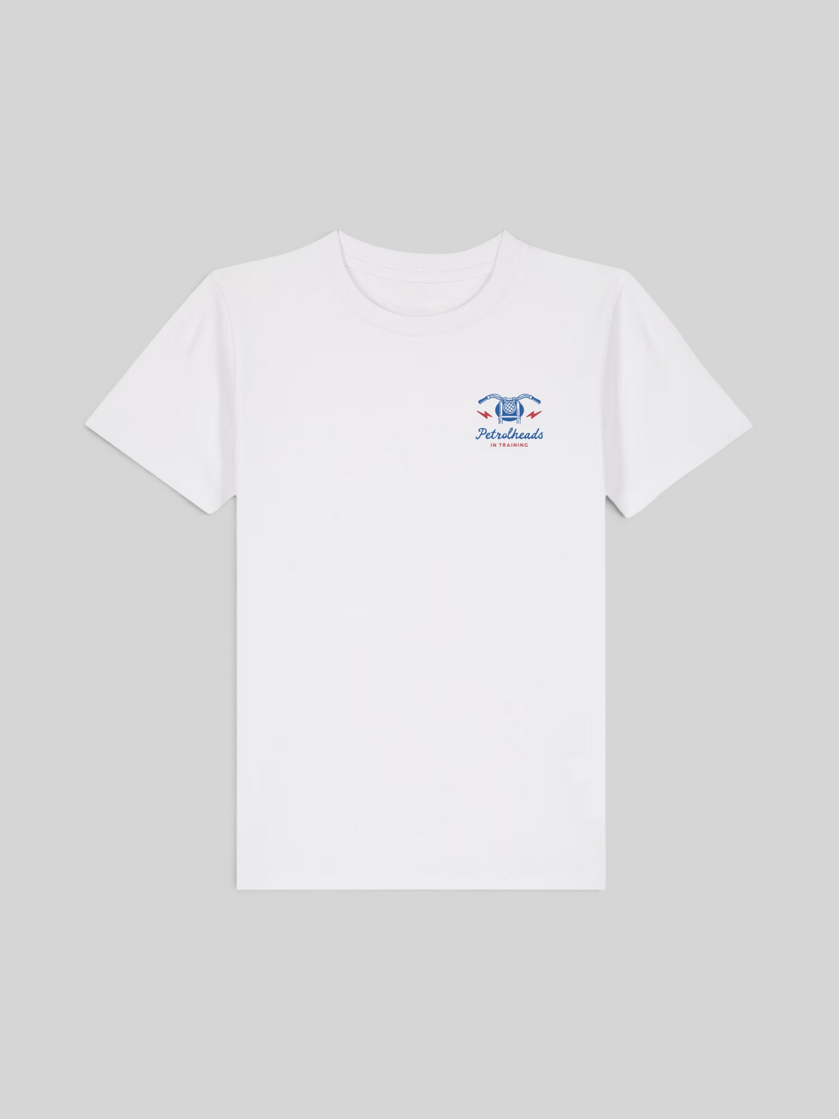Baffle Haus white kids t-shirt with Petrolheads in Training chest graphic print