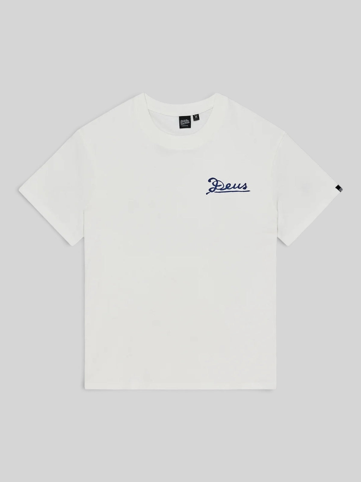 Baffle Haus white box fit organic cotton t-shirt with blue script logo on the chest