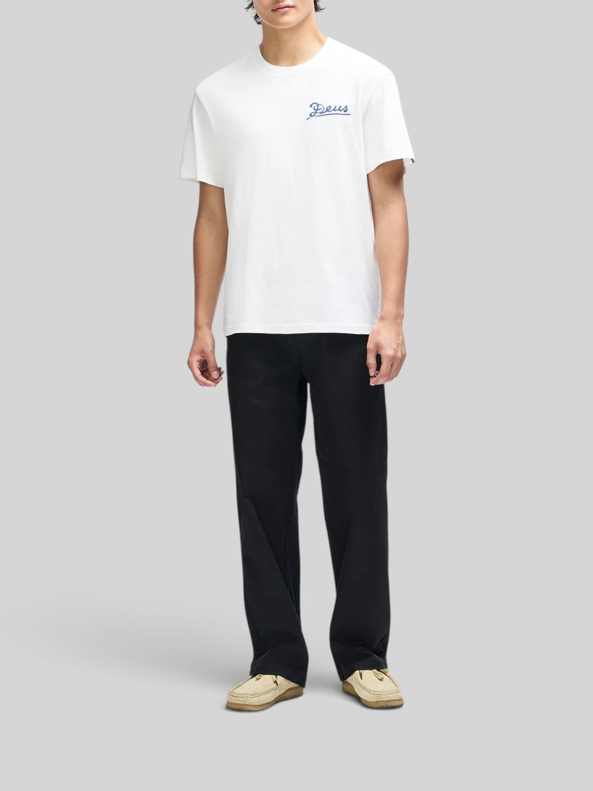 Baffle Haus Bobskull white box fit organic cotton t-shirt with chest graphic on a male model