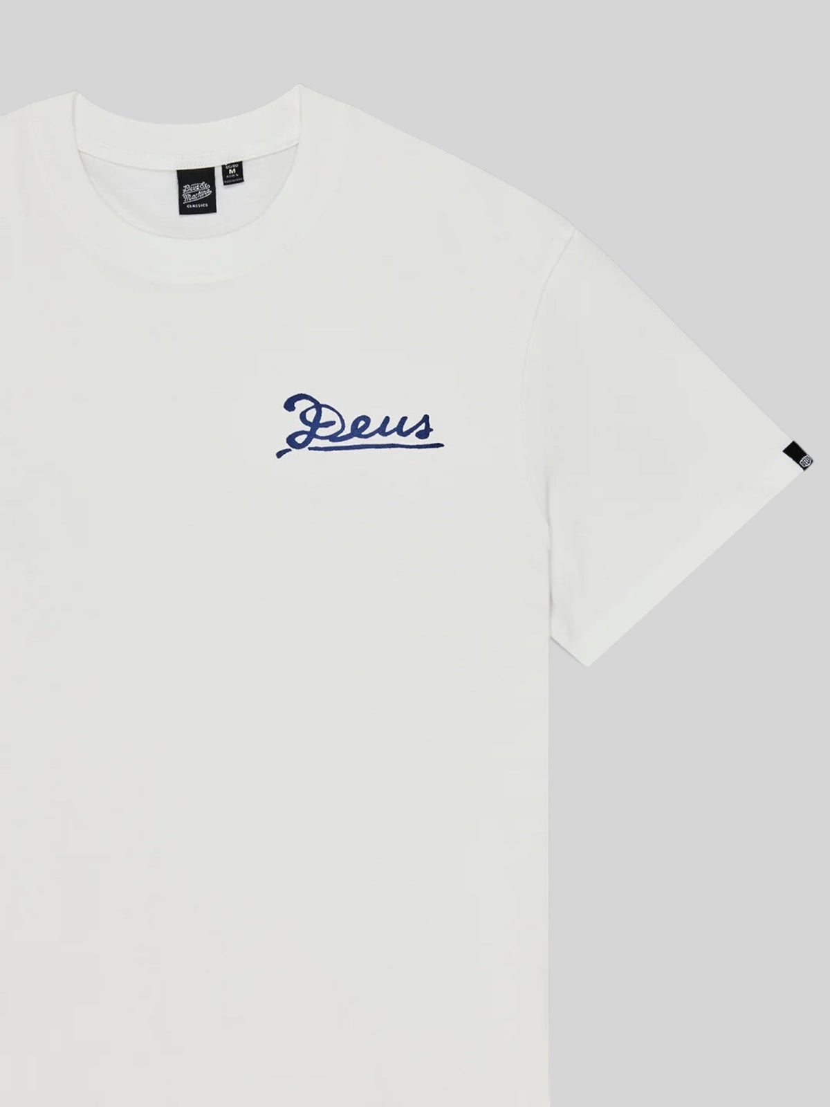Baffle Haus white organic cotton box fit t-shirt with blue script logo on the chest