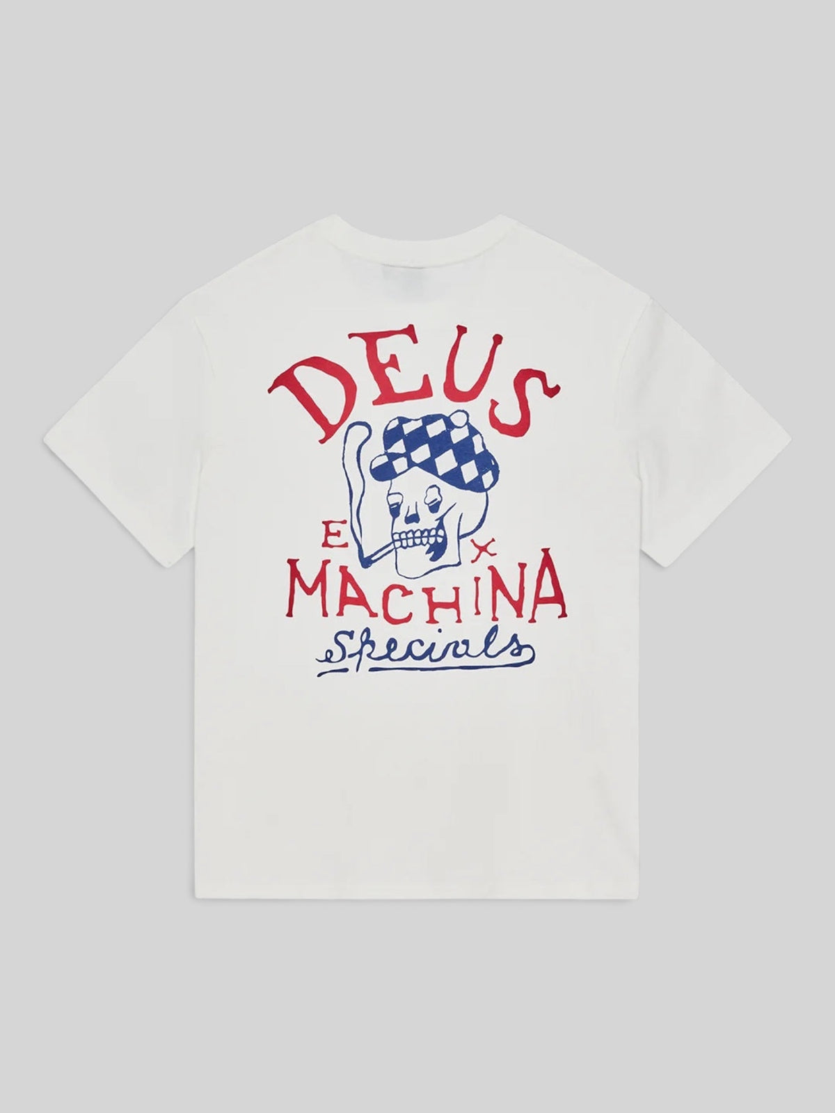 Baffle Haus white organic cotton box fit t-shirt featuring a red and blue skull graphic on the back