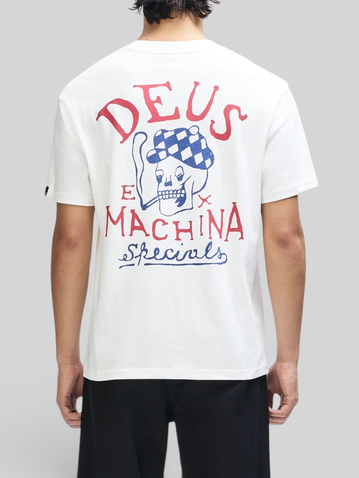 Baffle Haus white box fit organic cotton t-shirt featuring a skull graphic print on the back