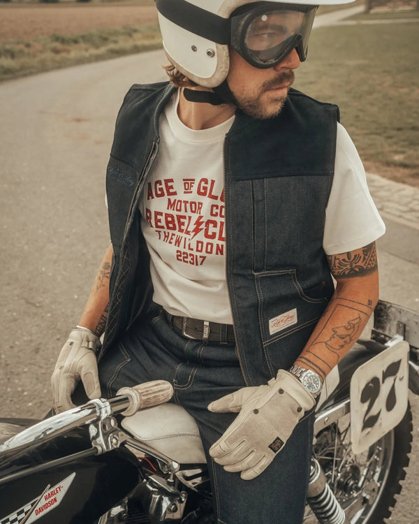 Baffle Haus Wild Ones off-white cotton t-shirt with vintage red motorcycle graphic worn by a rider on a motorbike