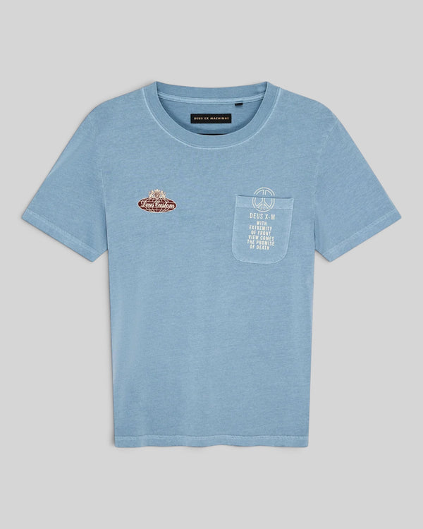 Baffle Haus A110 Tee in windward blue featuring a chest pocket, graphic print, and soft-wash recycled cotton blend.