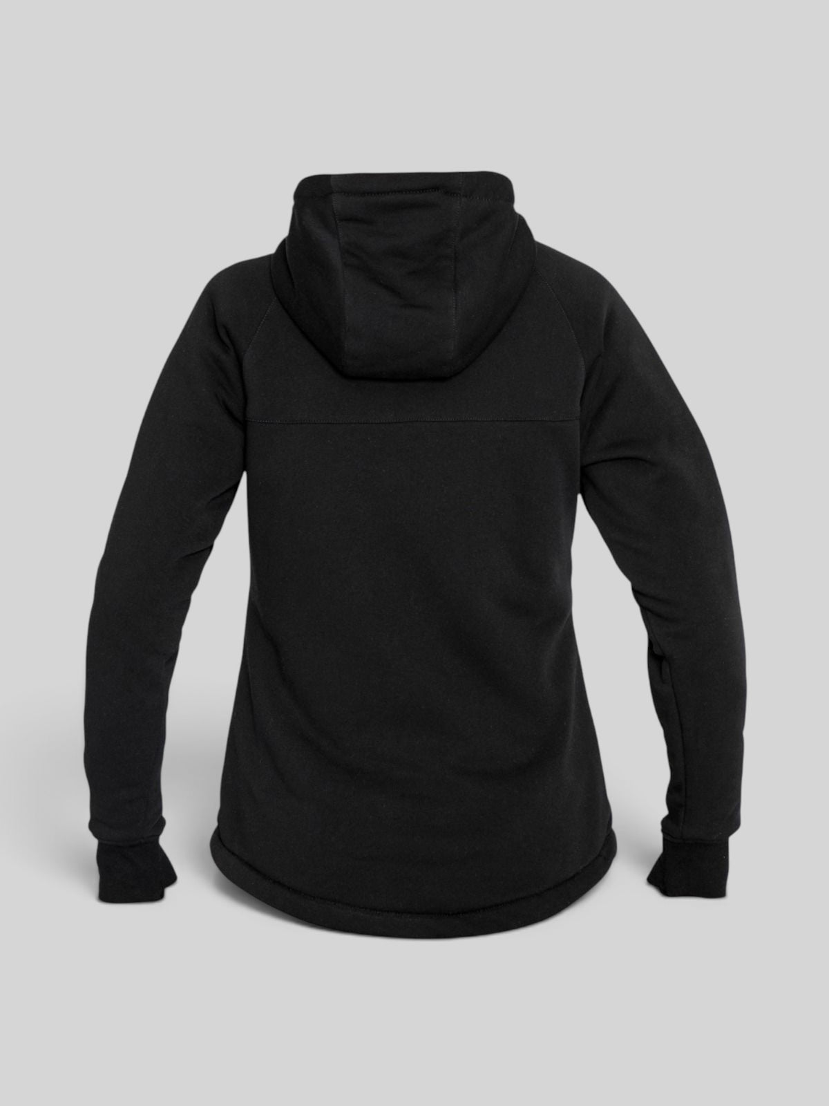 Baffle Haus womens black motorcycle hoodie with protective XTM lining and extended back view