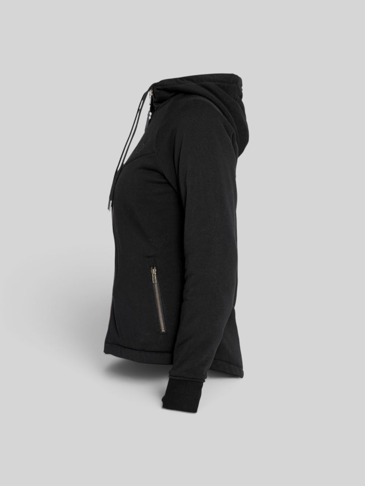 Baffle Haus women's black protective motorcycle hoodie with cotton-twill exterior and zippered side pockets