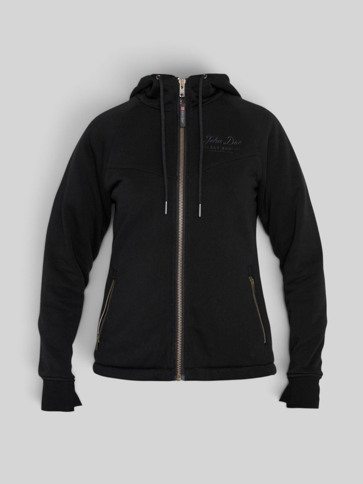 Baffle Haus womens black protective motorcycle hoodie with XTM lining, zippered pockets, and tapered fit.