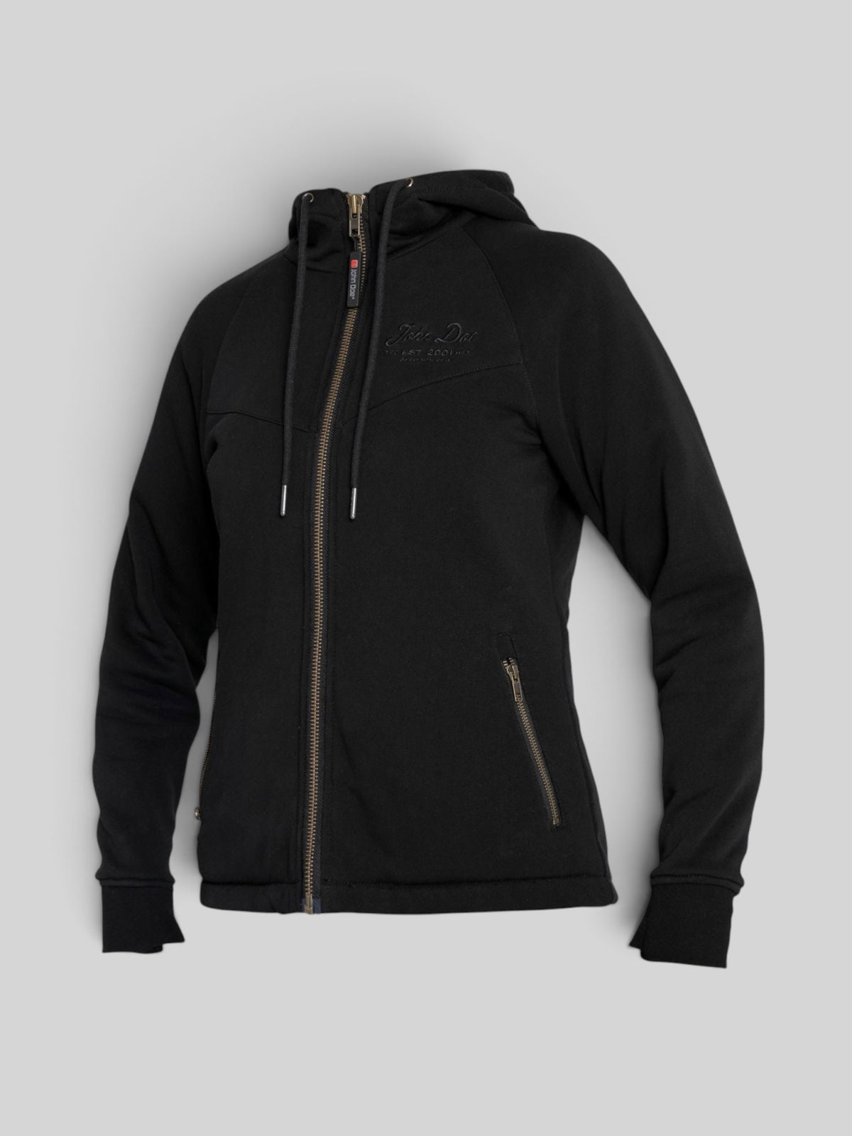 Baffle Haus womens black protective motorcycle hoodie with XTM lining, zippered pockets, and tapered fit.