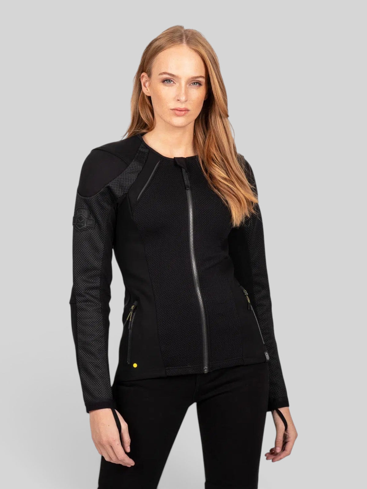 Baffle Haus Womens Urbane Pro MK3 black motorcycle protective jacket with breathable mesh and integrated armor.